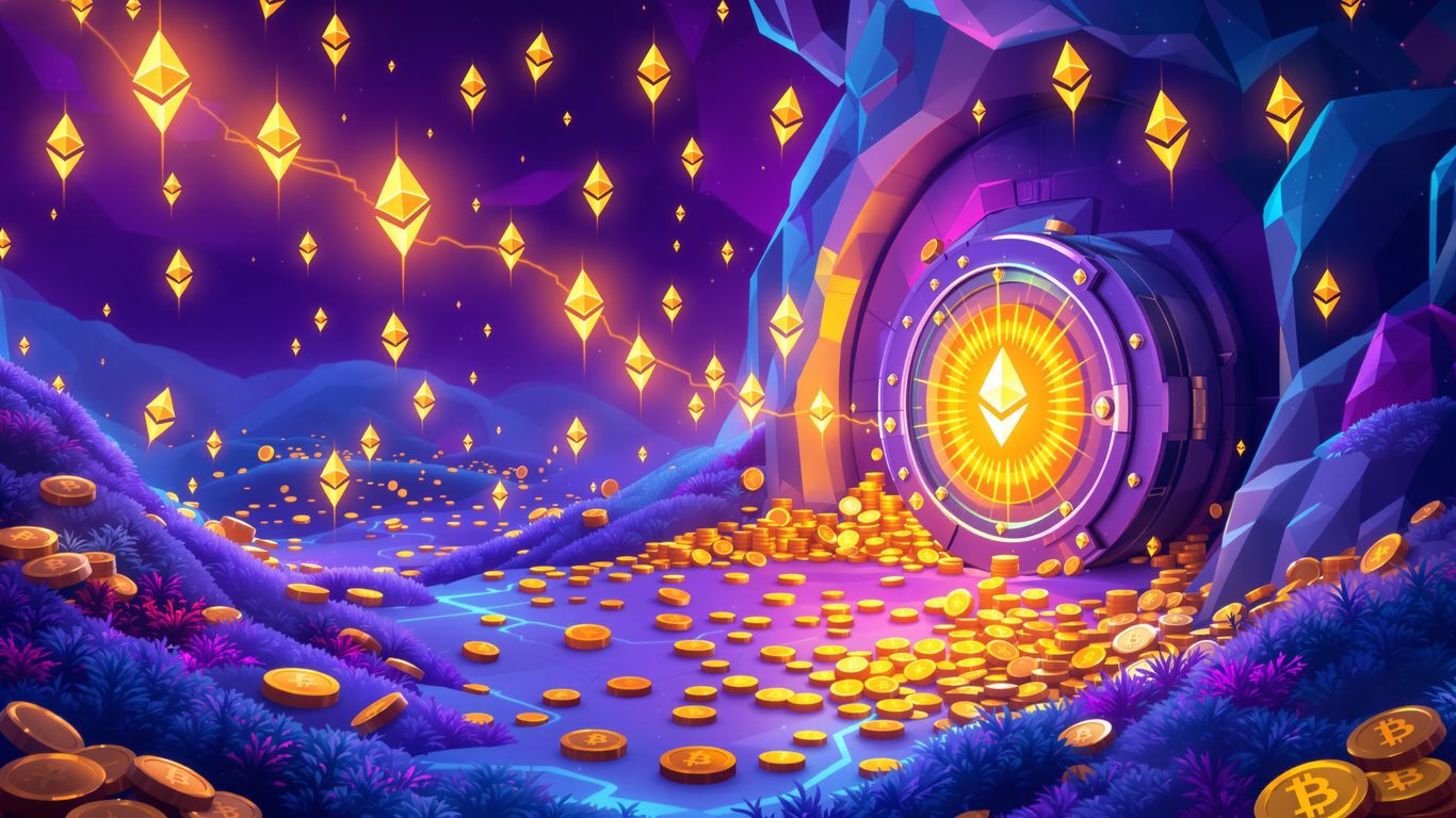Ethereum symbols flowing into a secure vault, indicating wealth.