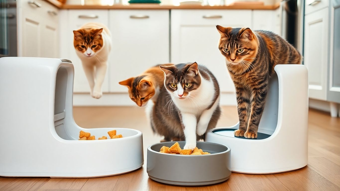 Cats examining two automatic feeders on a kitchen floor.