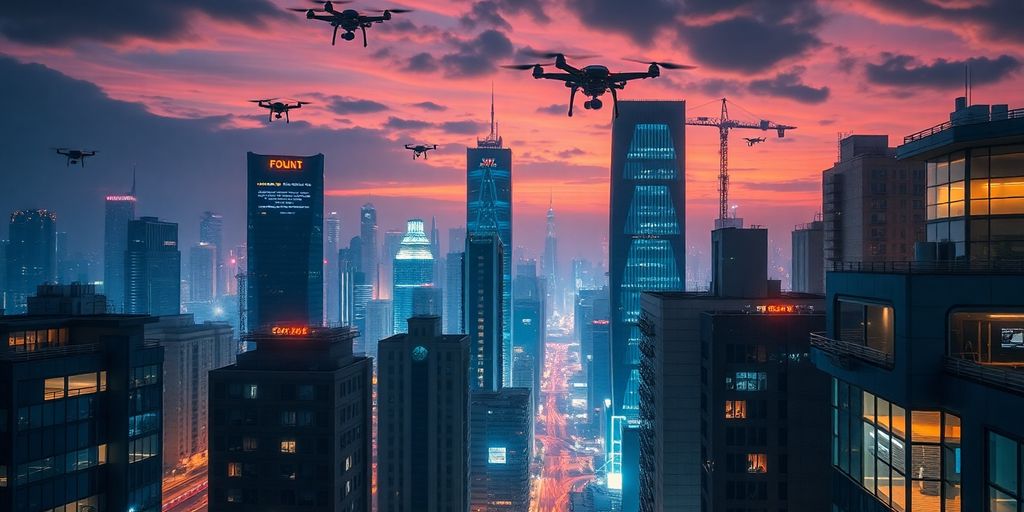 Futuristic cityscape with drones and illuminated buildings.