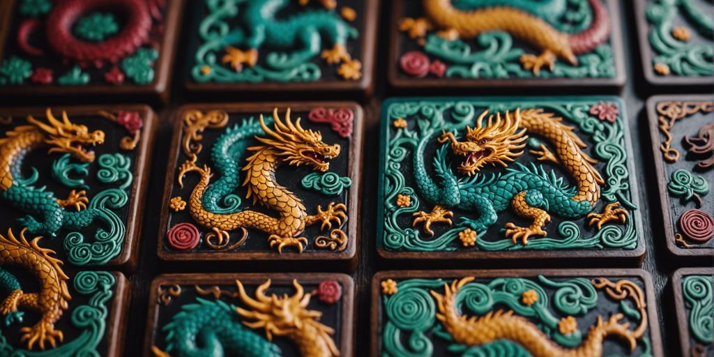 Close-up of colorful dragon tiles from a Mahjong set on a dark wooden background.