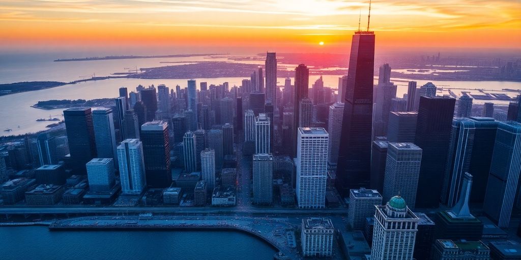 Aerial view of Chicago skyline at sunset.
