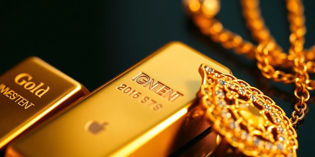 Bâtons d'or et bijoux en or sur une table.