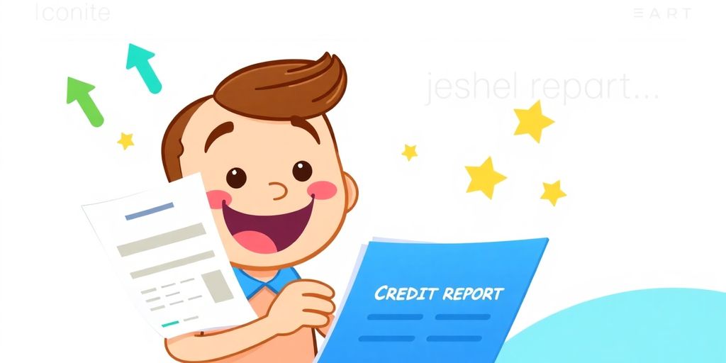 Cartoon person looking at credit report with positive financial symbols.