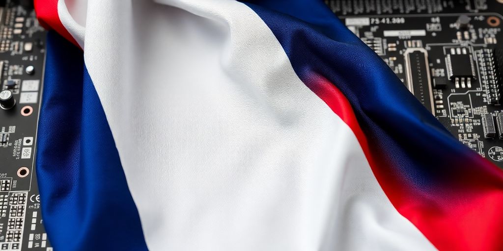 Drapeau français sur circuit imprimé informatique.