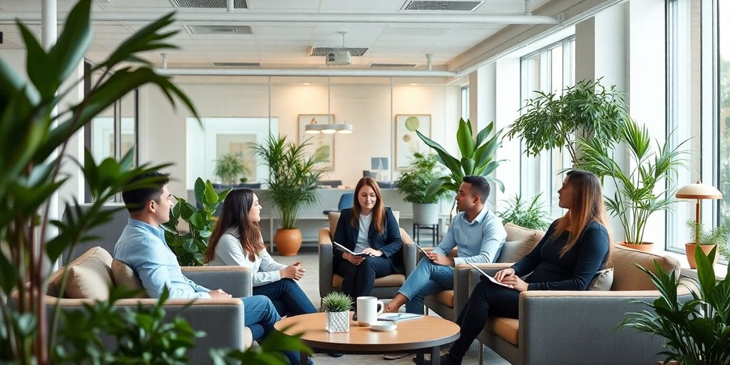 Calm office environment with plants and relaxed employees.