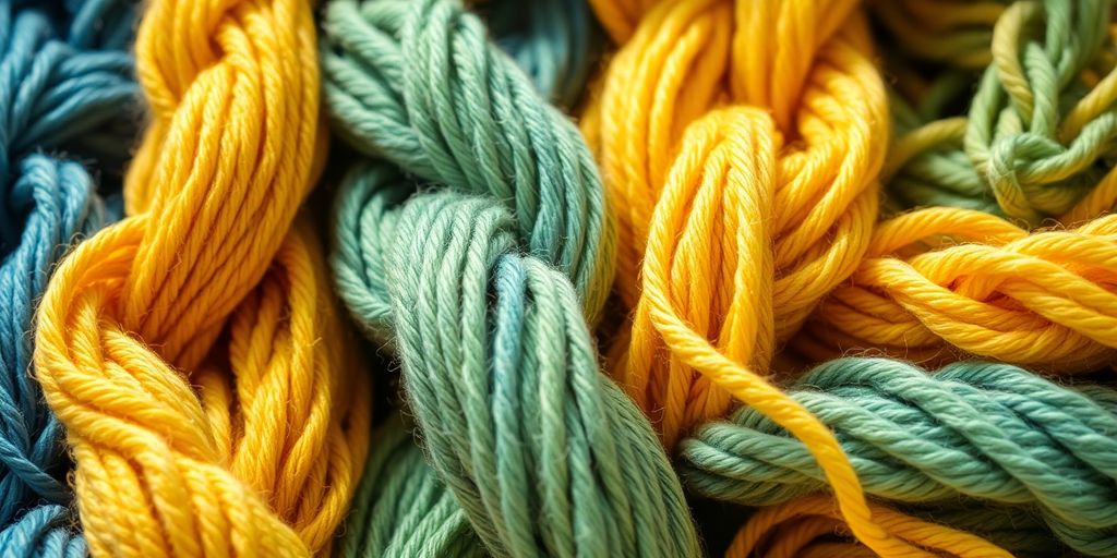 Skeins of yarn in various colors and textures.