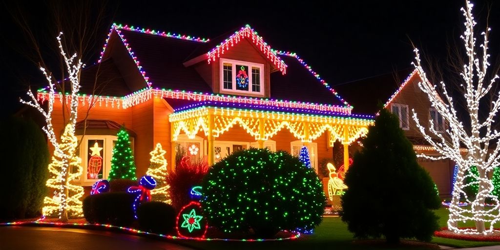 Festive home illuminated with vibrant Christmas lights.