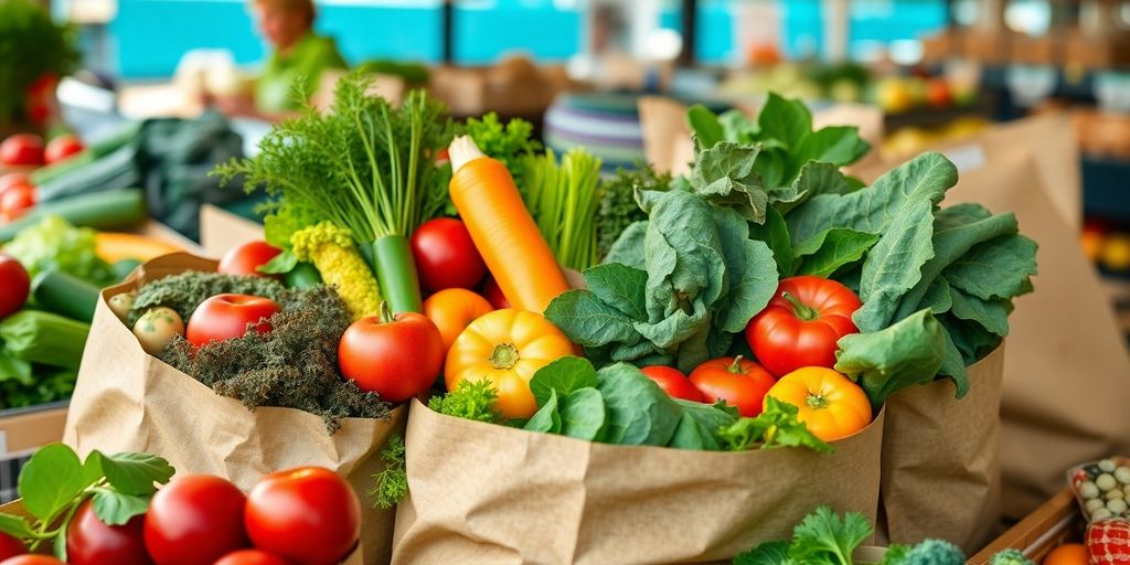 Fresh produce in eco-friendly packaging at a market stall.
