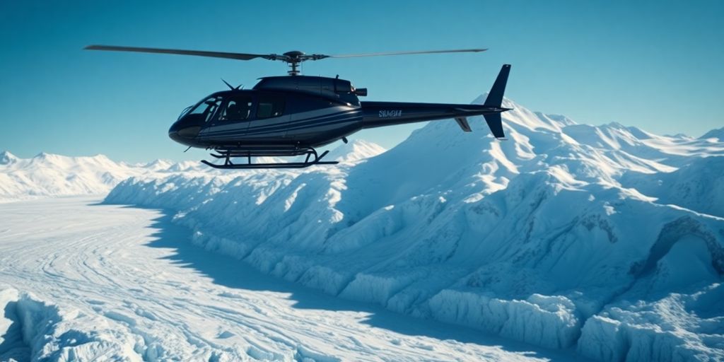 A helicopter flies over a massive glacier in Alaska.