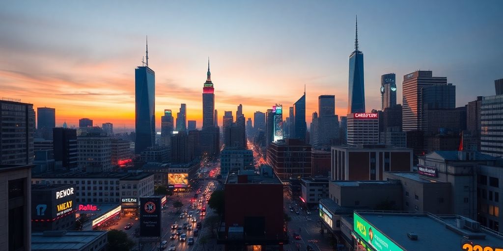 A vibrant city skyline bustling with activity at dusk.