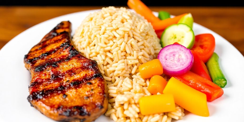 Paleo diet plate with brown rice and lean meats.