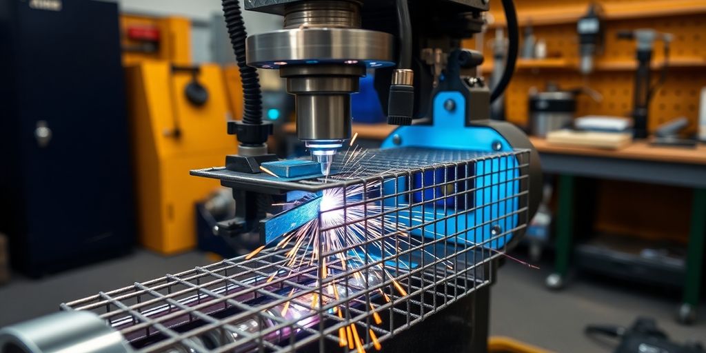 Close-up of a multi-layer mesh welding machine.