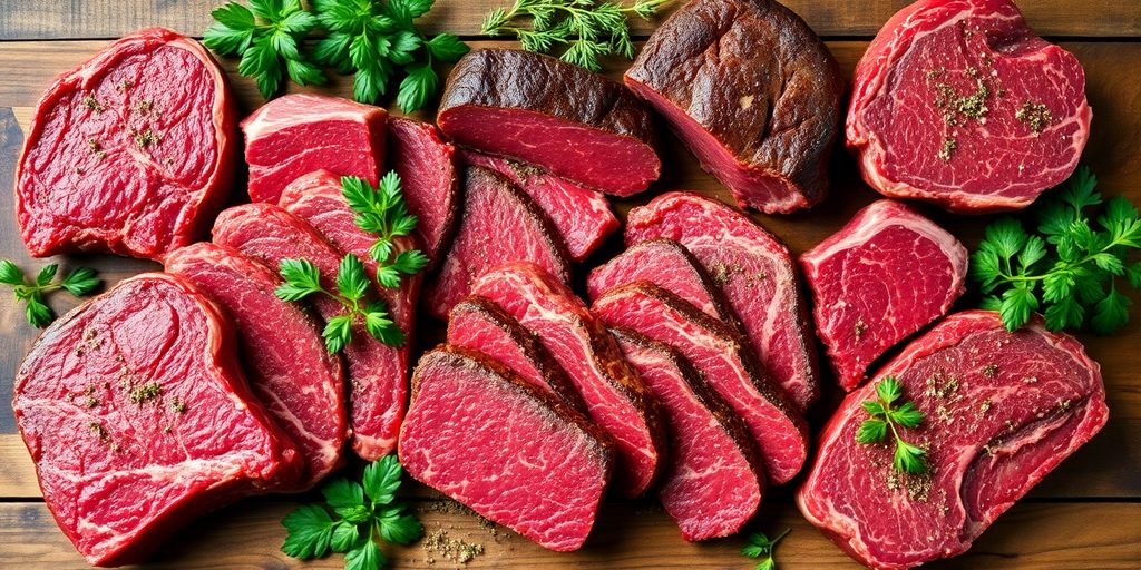 Fresh grass-fed beef cuts with herbs and spices.