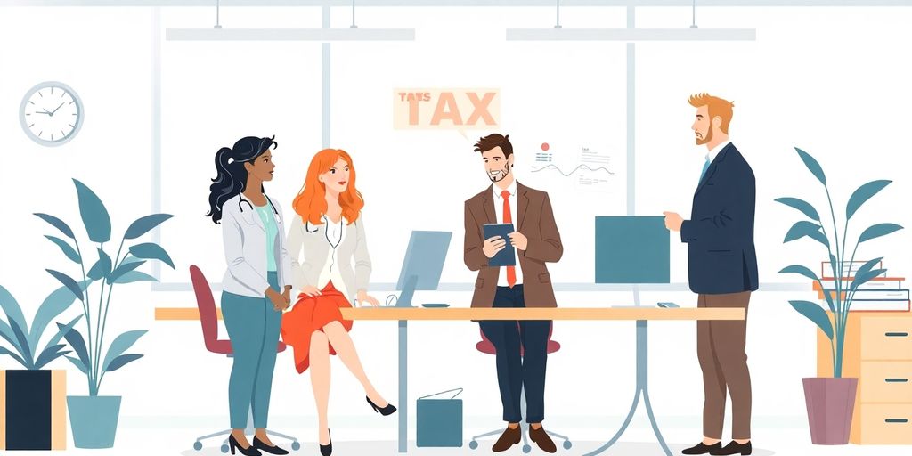 Illustrasjon av profesjonelle som diskuterer næringsoppgave.