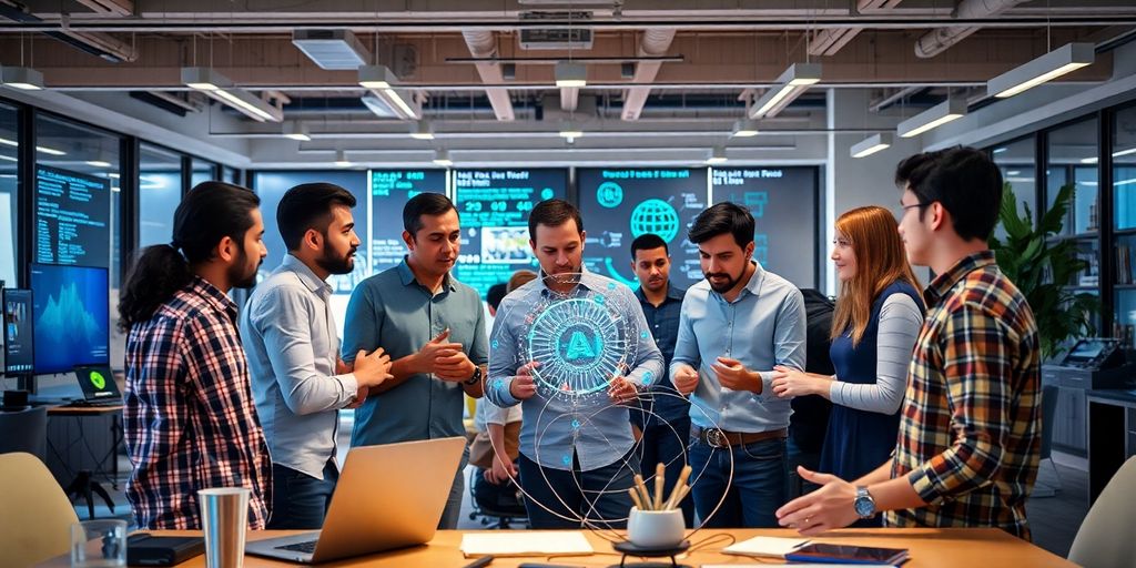 Group collaborating on machine learning in a modern office.