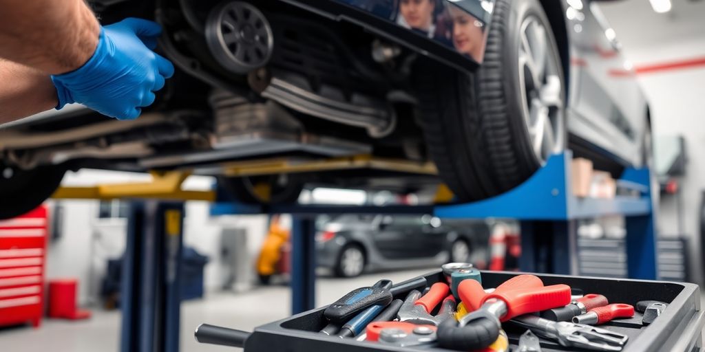 Mechanic inspecting engine, tools nearby, car lifted.