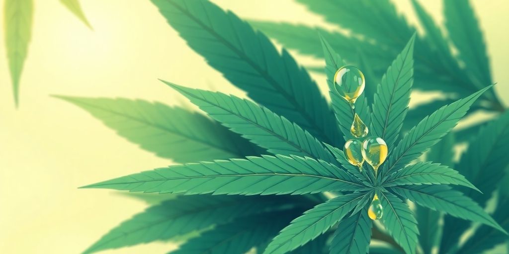Folhas de cannabis e gotas de óleo de canabidiol.