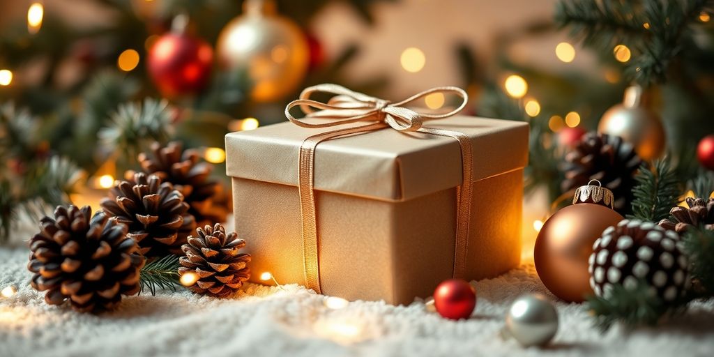 Beautifully wrapped gift box with festive decorations for Christmas.