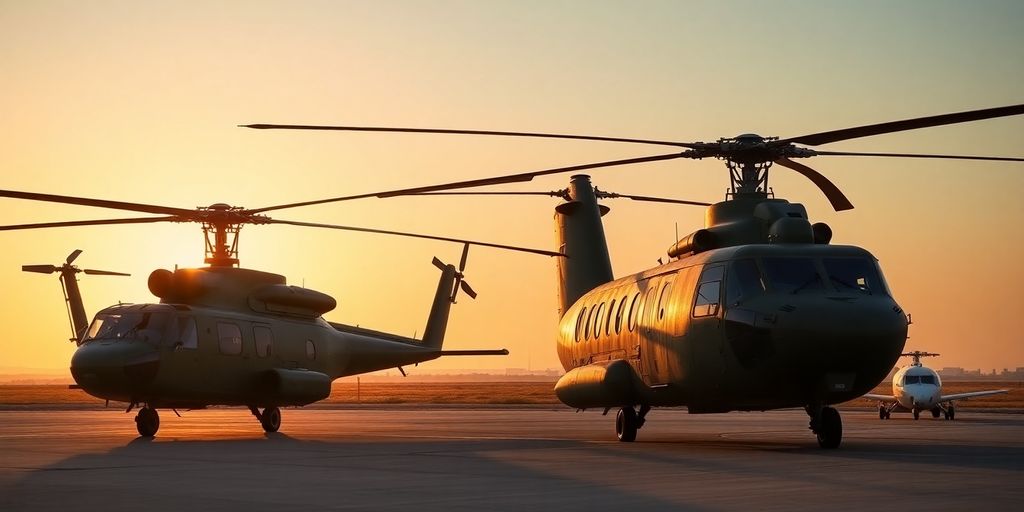 A 1960s Huey and a Chinook helicopter at sunset.