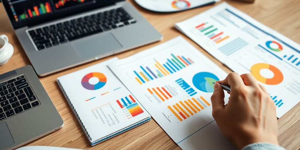 Person analyzing colorful charts for SEO keyword strategy.