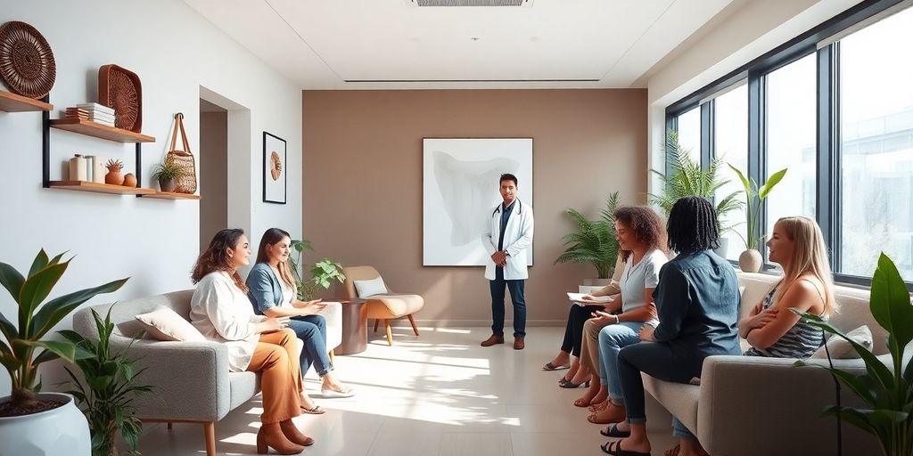 Interior de clínica de bem-estar moderna e minimalista.