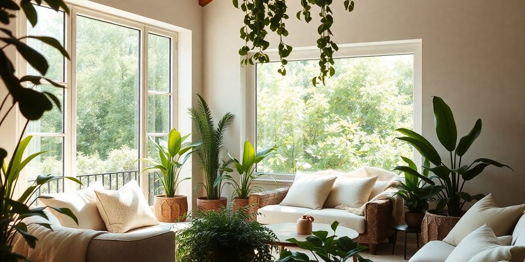 Serene living room with natural light and plants.
