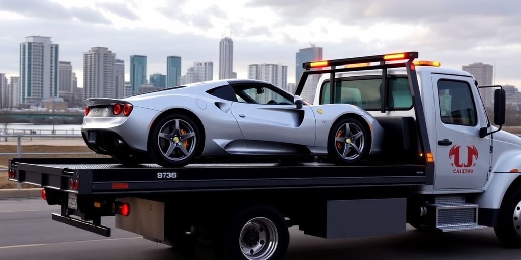 Flatbed towing luxury car in Calgary cityscape background.