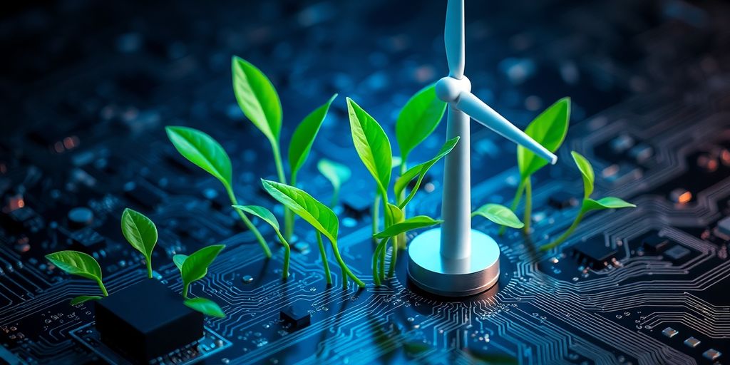 Éoliennes et câbles de fibre optique entrelacés.
