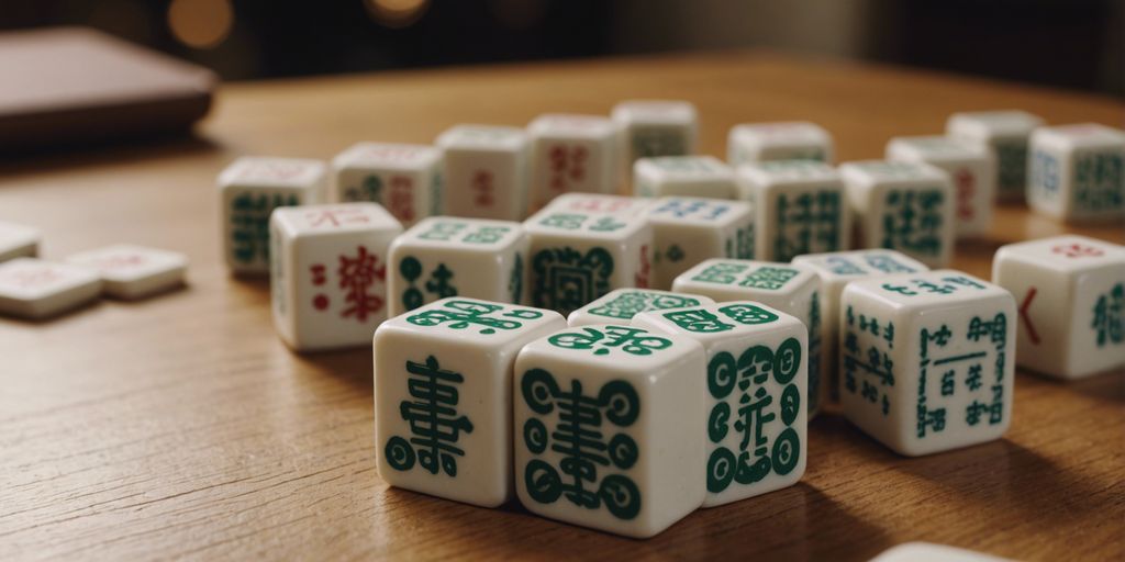 Neatly arranged Mahjong tiles on a wooden table with a traditional game in the background.