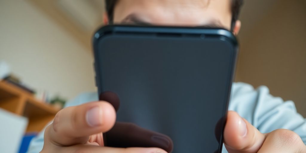 Man holding phone, looking at stock market.