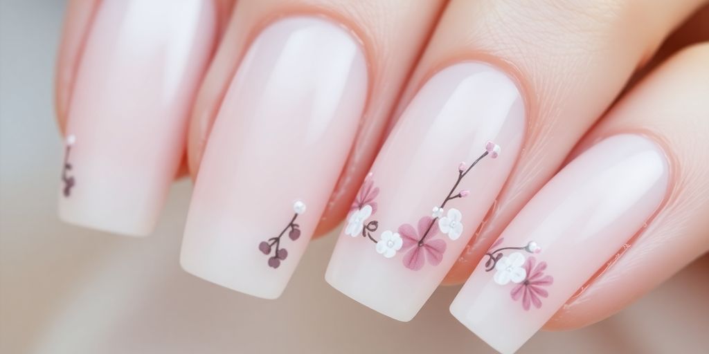 Unhas de gel decoradas com design minimalista e delicado.