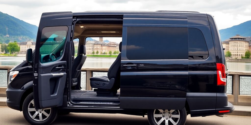 Luxurious private car with Zurich city view in background.