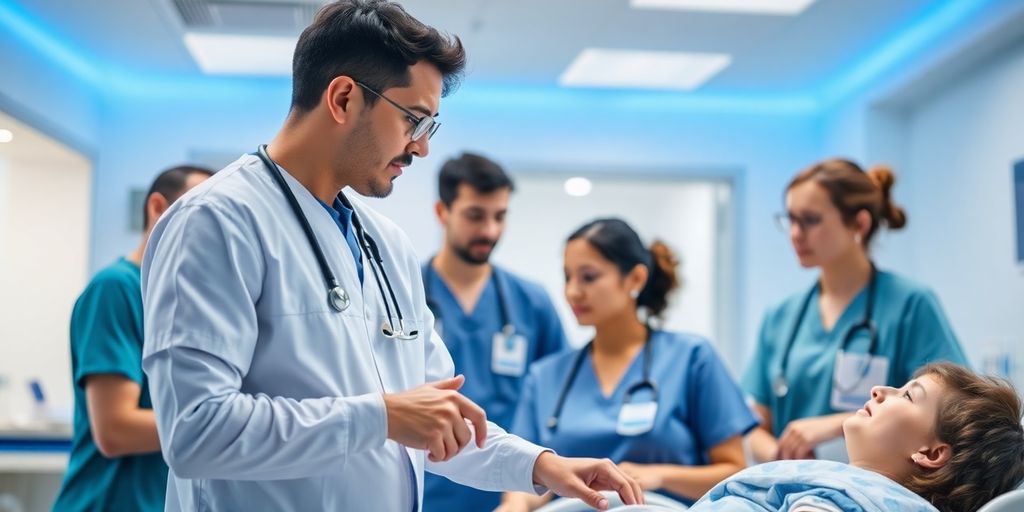 Zeitarbeit in der Pflege: Entlastung für Kliniken und Pflegeheime Pflegekräfte in moderner Klinik mit blauen Akzenten.
