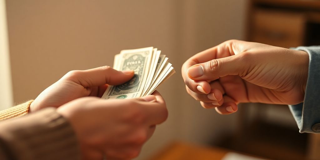 Mains échangeant argent et objet de valeur