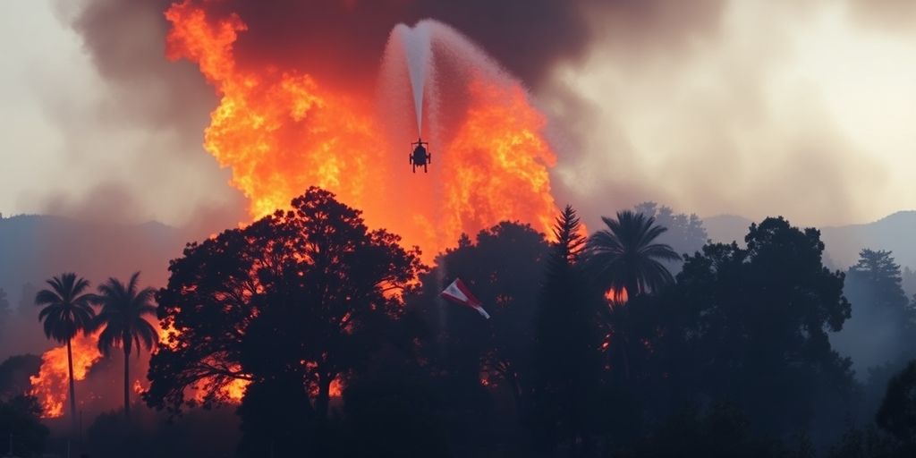Pompiers combattant un incendie de forêt avec des camions et des hélicoptères.