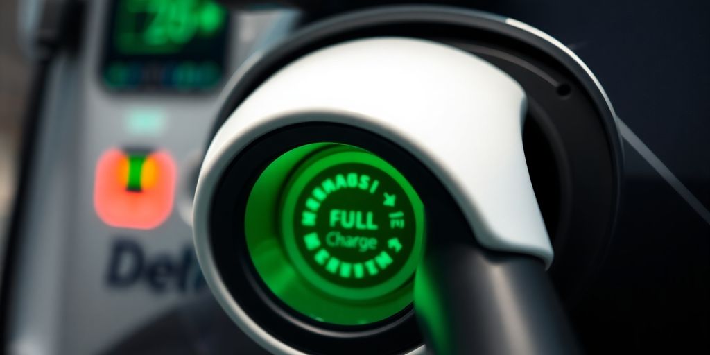 Electric vehicle charging port with green full charge light.