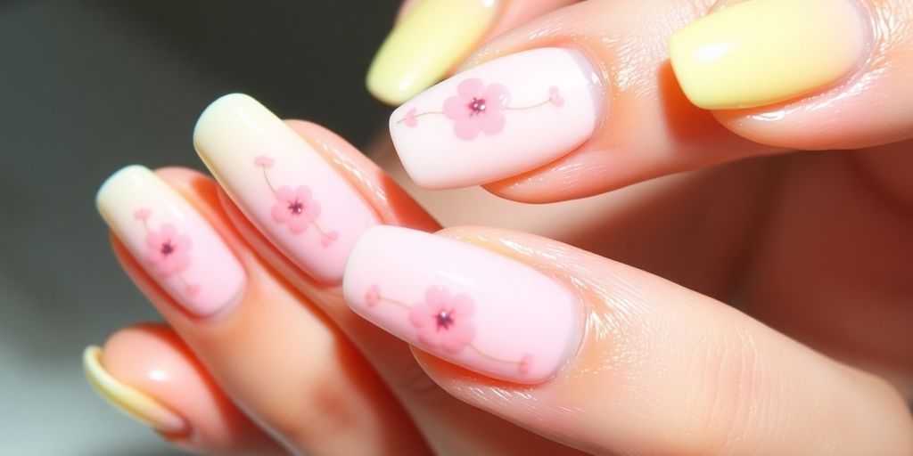 Unhas coreanas coloridas e delicadas com flores.