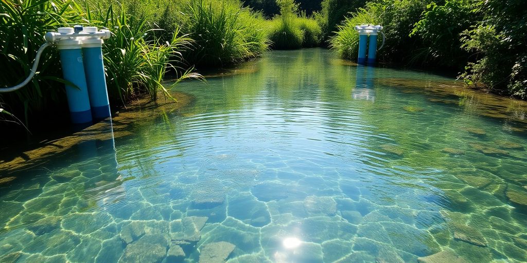 Clean water source with greenery and filtration technology.