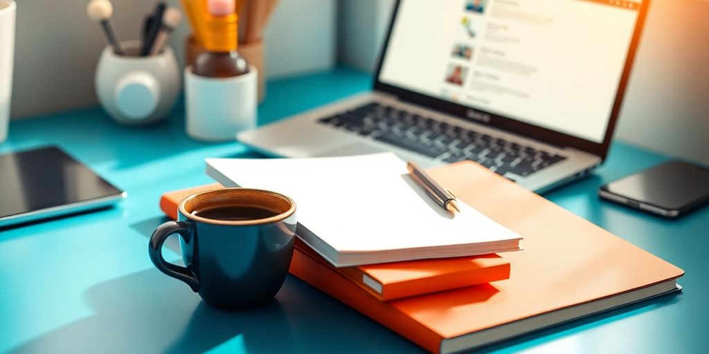 A cozy workspace with a laptop and coffee cup.