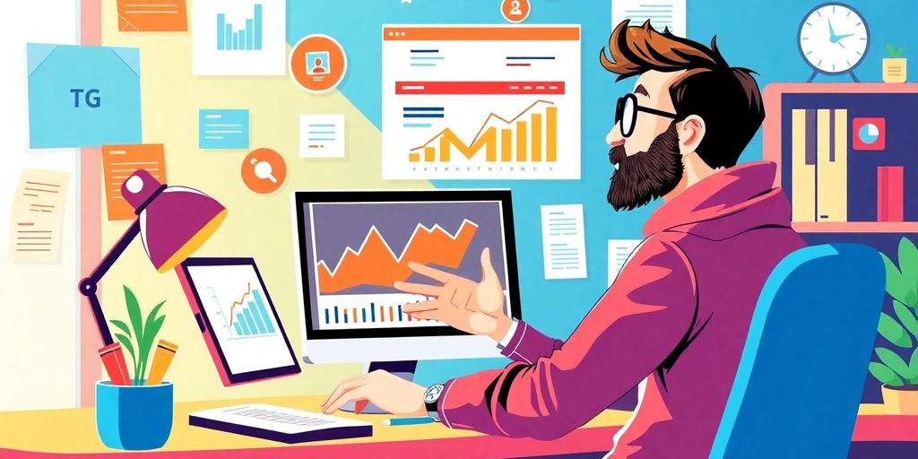 Small business owner analyzing digital marketing tools.