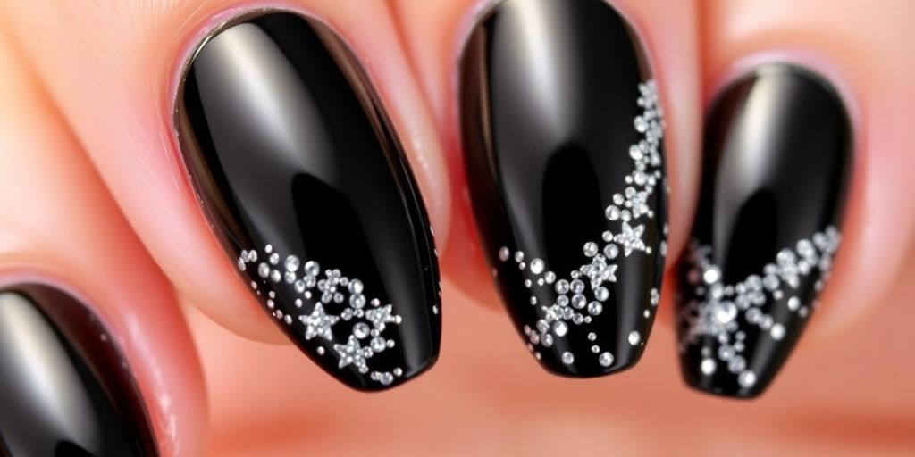 Unhas bailarina pretas com glitter brilhante decorativo.