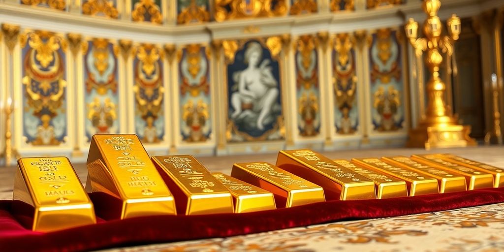 Barres d'or sur tissu avec Versailles en arrière-plan.