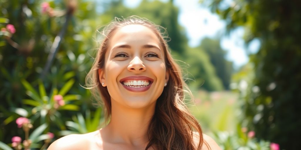 Person smiling outdoors with sunshine.