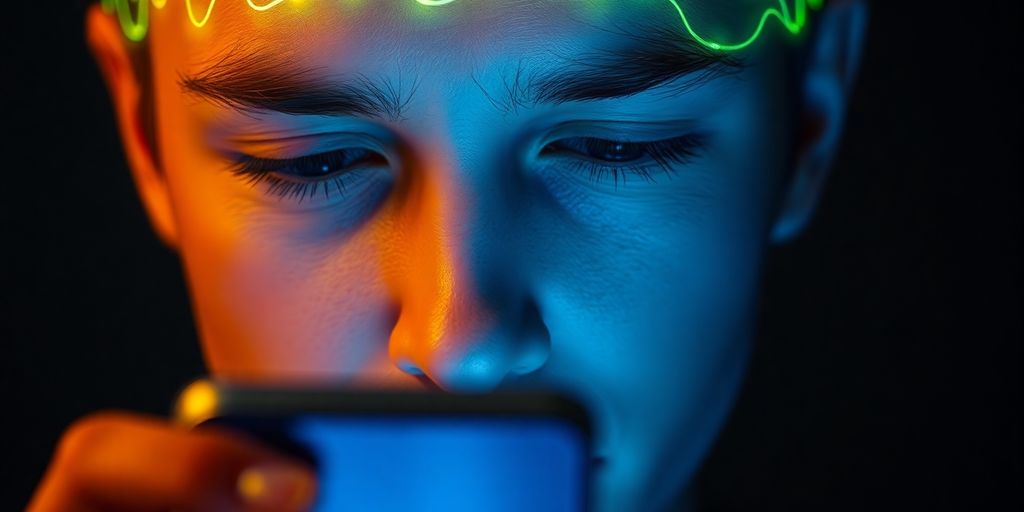 Distracted person with phone, brain glowing.