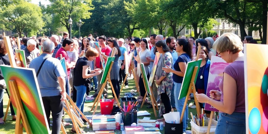 Artists painting outdoors in a colorful, vibrant setting.