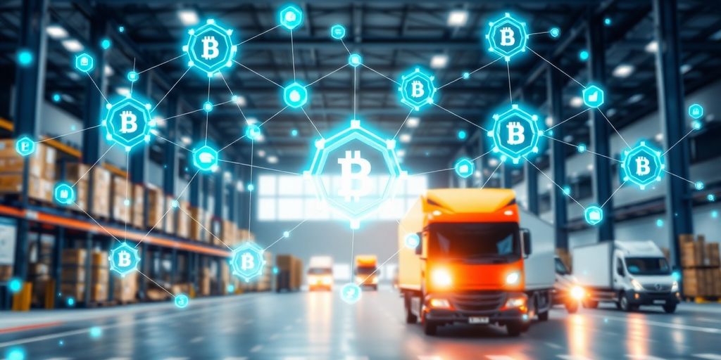 Blockchain nodes linked with a vibrant supply chain network.