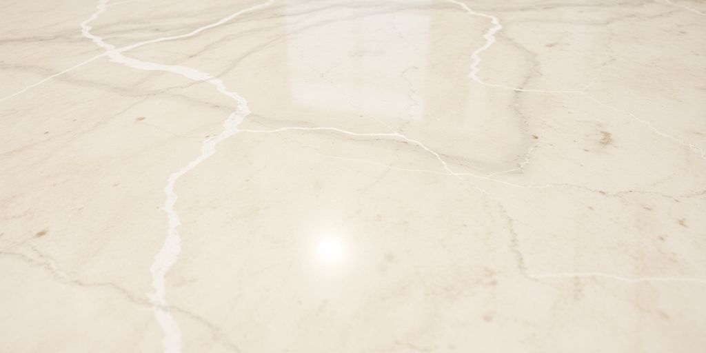Close-up of glossy polished marble countertop reflecting light.