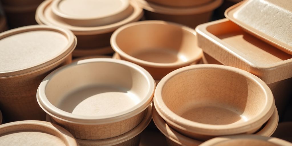 Compostable food containers at a market stall.