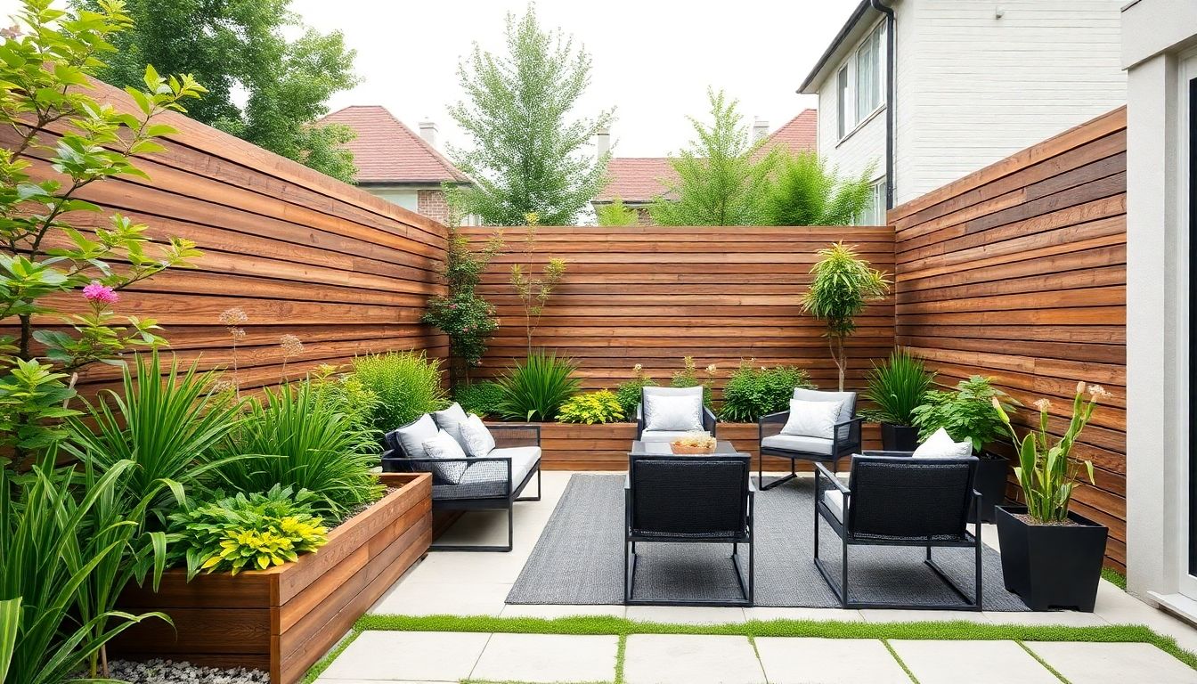 Modern garden with stylish wooden fencing and vibrant plants.