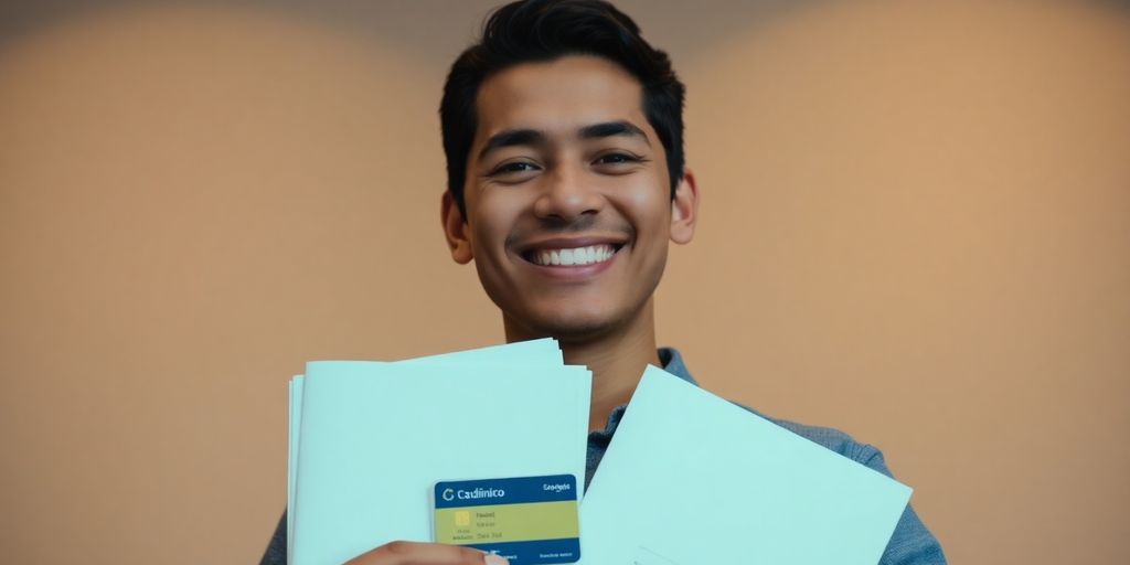 Pessoa sorrindo, segurando documentos e cartão CadÚnico.